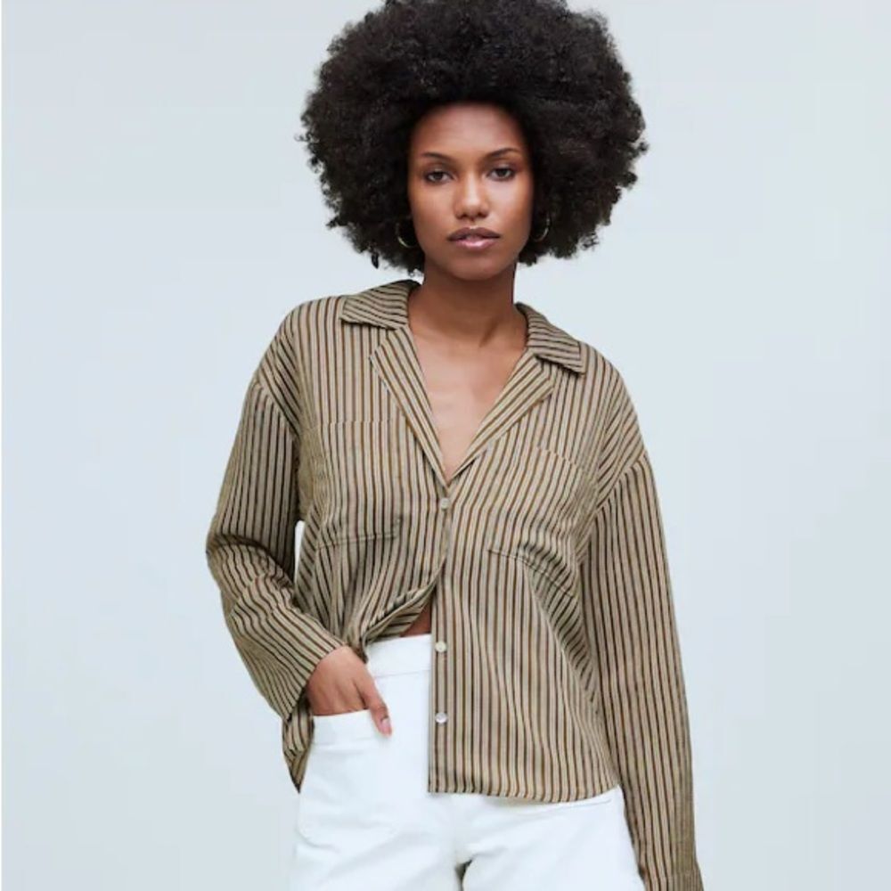 Madewell NWT Resort Long Sleeve Shirt Size XXS in Dark Olive Stripe | Button Up